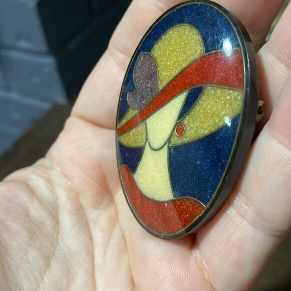 Lee Sands Lady with Hat in Oval Mosaic Inlay Vintage Brooch Pin - Picture 4 of 6